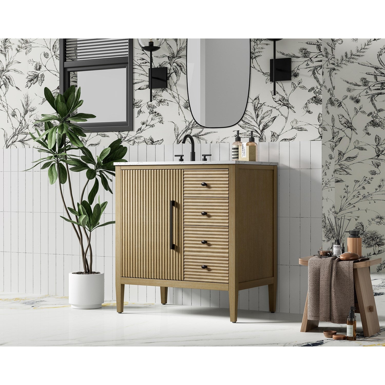 32 Inch Single Bathroom Vanity In Linen Oak - View 2 - Joshua Marshal