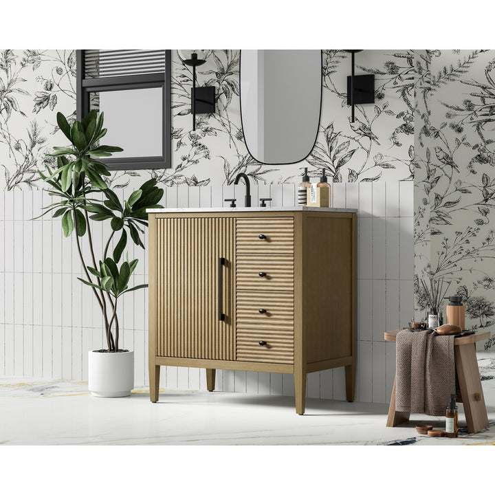 32 Inch Single Bathroom Vanity In Linen Oak - View 2 - Joshua Marshal