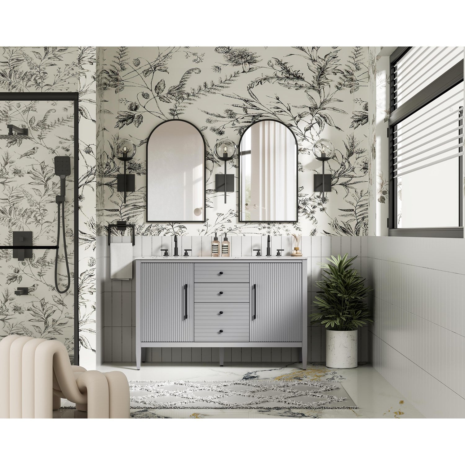 54 Inch Double Bathroom Vanity In Grey - View 2 - Joshua Marshal