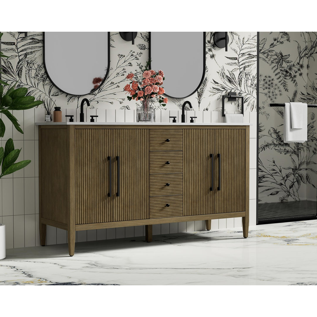 60 Inch Double Bathroom Vanity In Hazel Oak - View 2 - Joshua Marshal