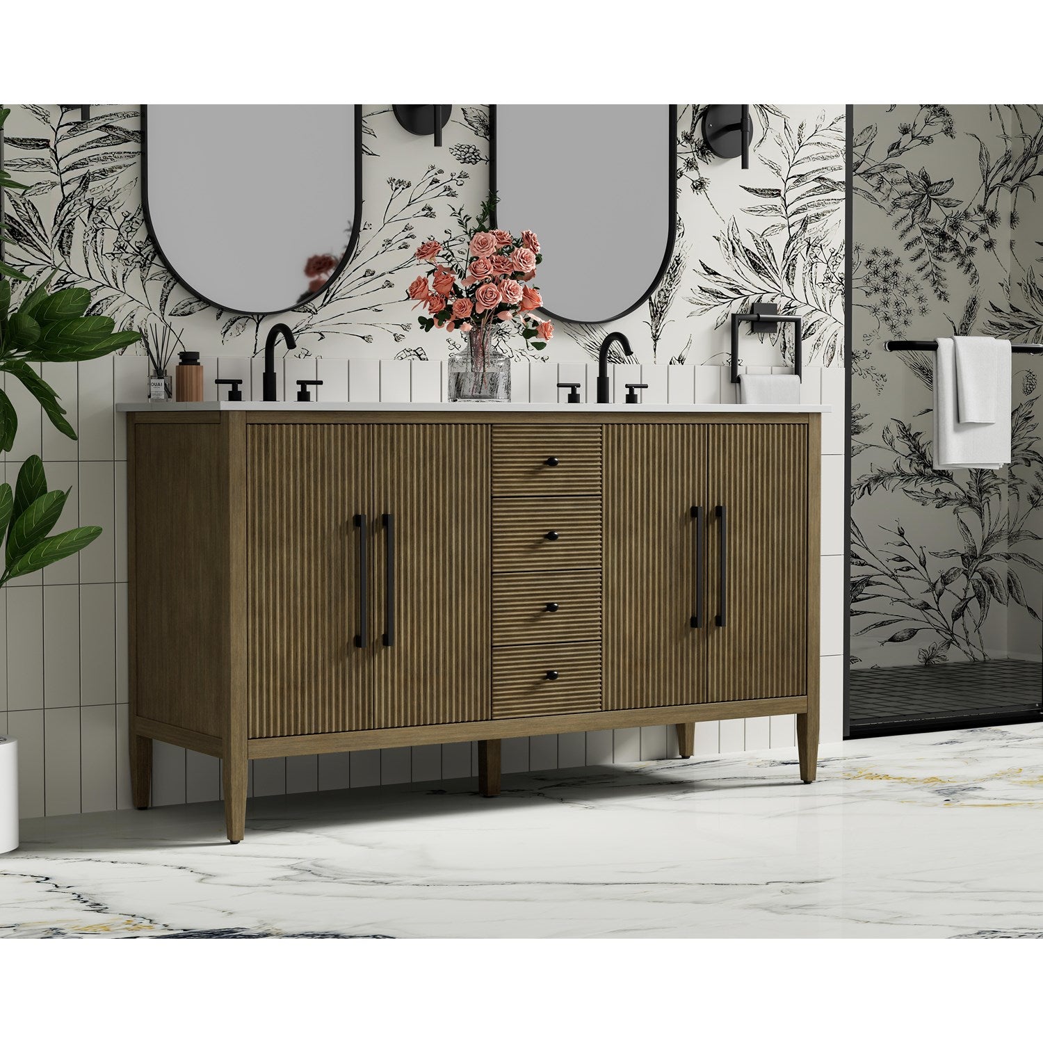 60 Inch Double Bathroom Vanity In Hazel Oak - View 2 - Joshua Marshal