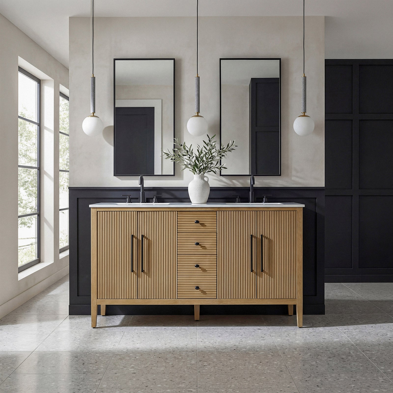 60 Inch Double Bathroom Vanity In Linen Oak - View 2 - Joshua Marshal