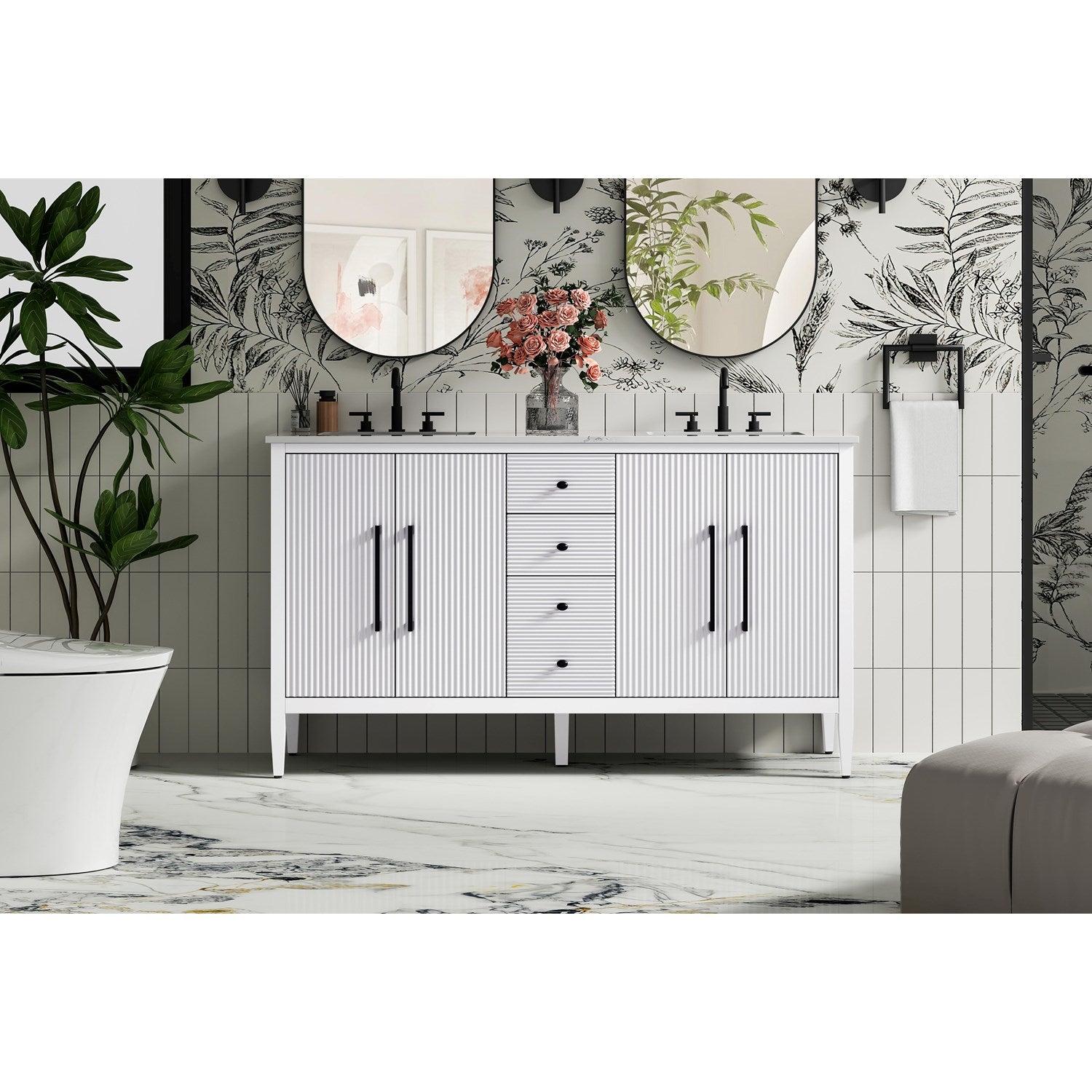 60 Inch Double Bathroom Vanity In White - View 2 - Joshua Marshal