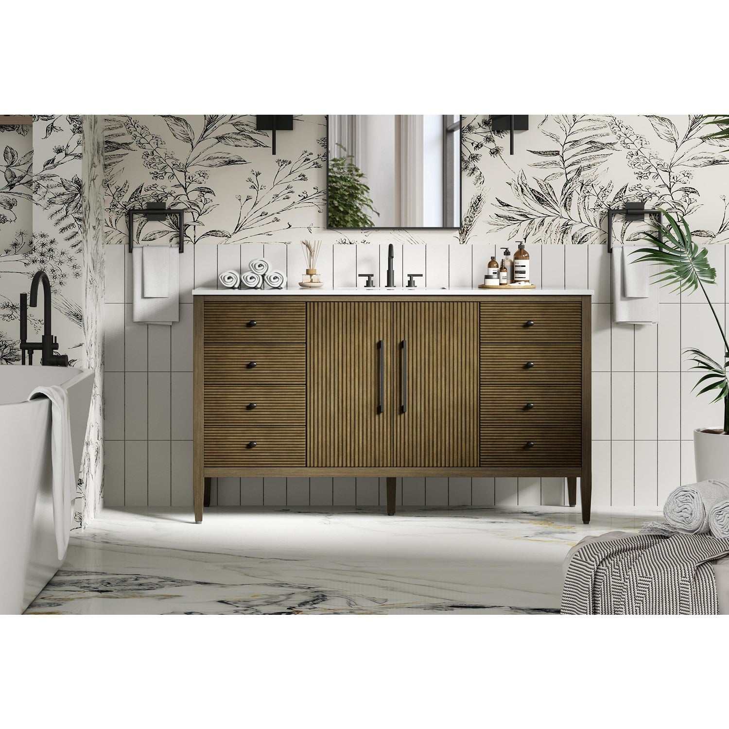 60 Inch Single Bathroom Vanity In Hazel Oak - View 2 - Joshua Marshal