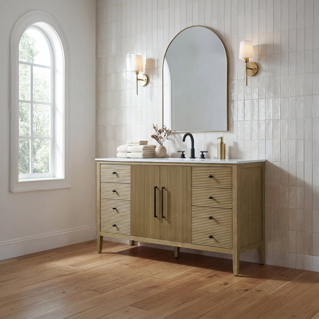 60 Inch Single Bathroom Vanity In Linen Oak - View 2 - Joshua Marshal