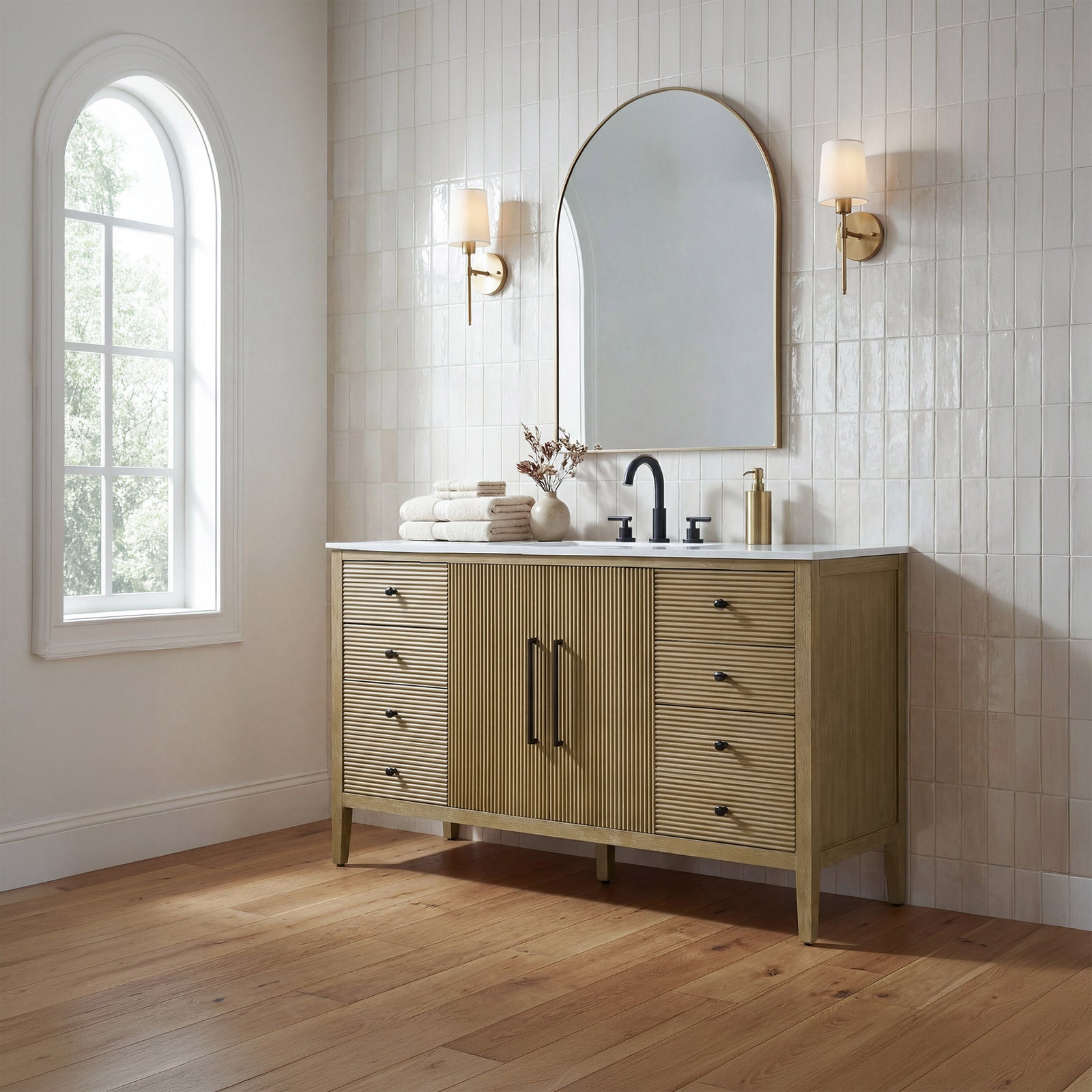 60 Inch Single Bathroom Vanity In Linen Oak - View 2 - Joshua Marshal