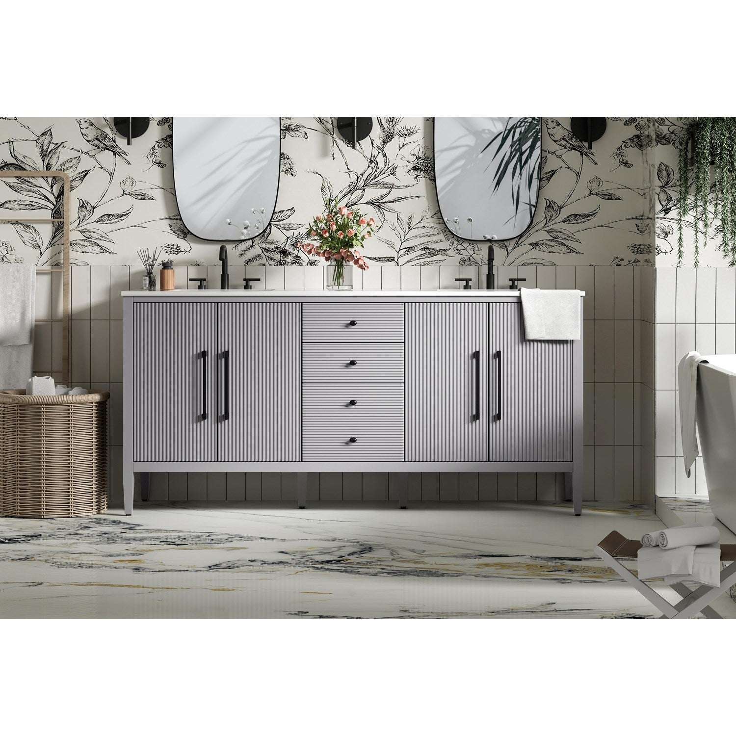 72 Inch Double Bathroom Vanity In Grey - View 2 - Joshua Marshal