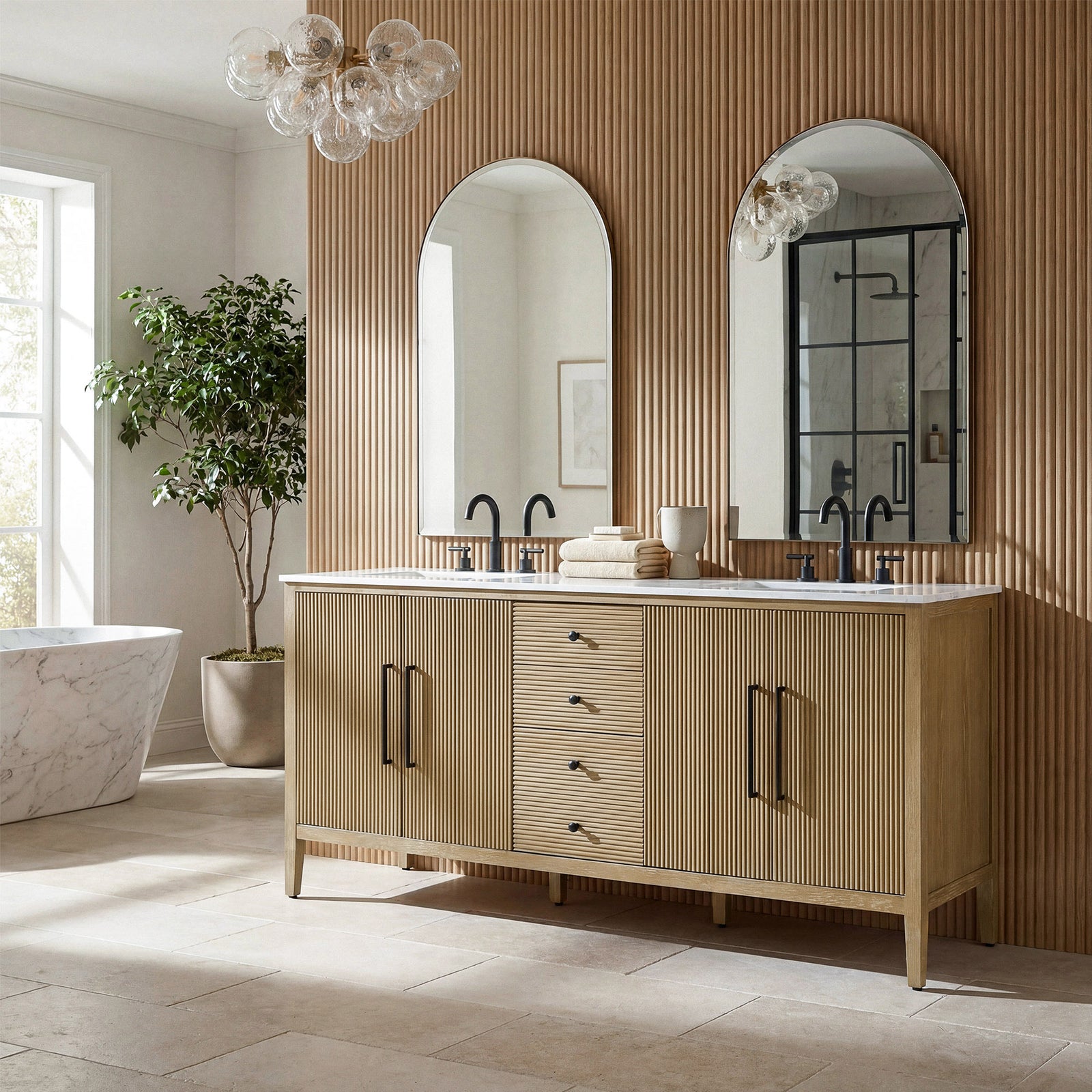 72 Inch Double Bathroom Vanity In Linen Oak - View 2 - Joshua Marshal