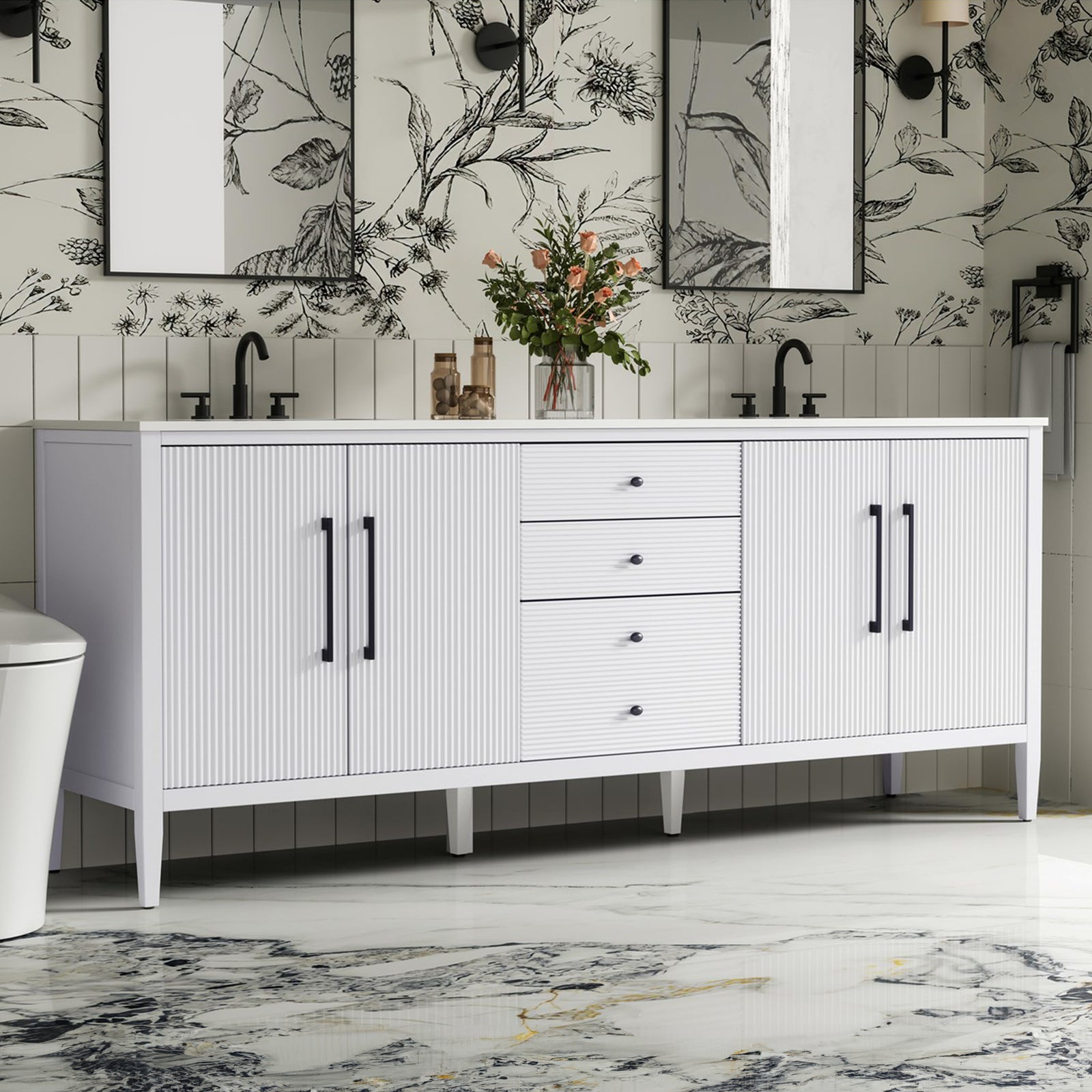 84 Inch Double Bathroom Vanity In White White Finish - KITCHEN & BATH by Joshua Marshal