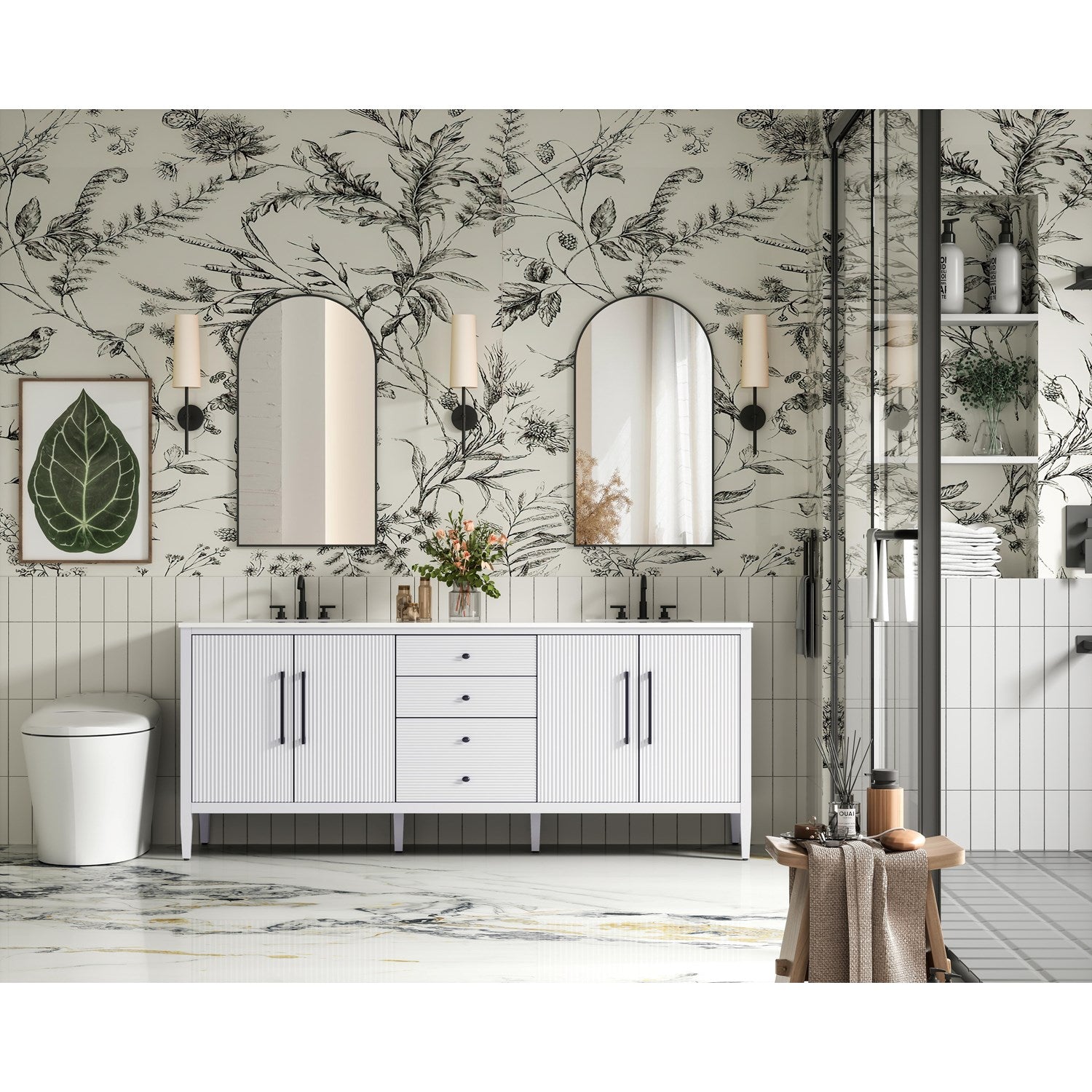 84 Inch Double Bathroom Vanity In White - View 2 - Joshua Marshal