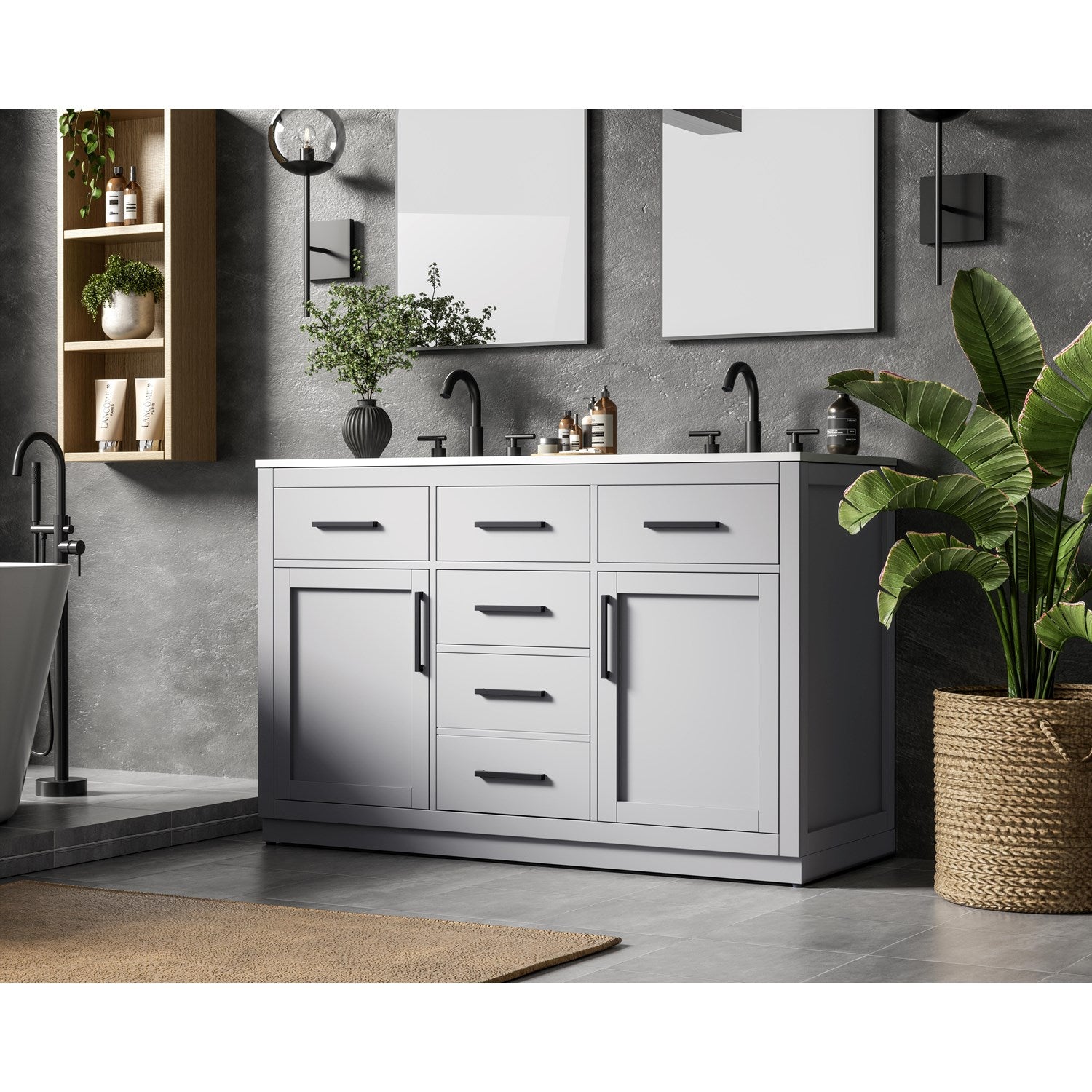 54 Inch Double Bathroom Vanity In Grey - View 2 - Joshua Marshal