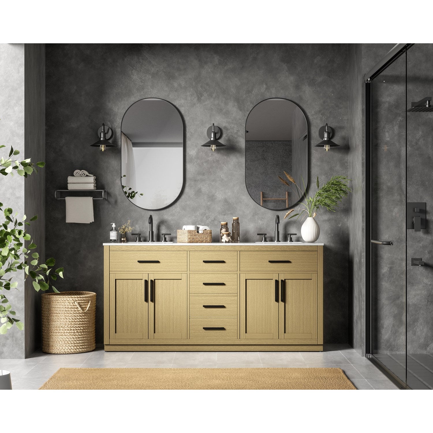 72 Inch Double Bathroom Vanity In Honey Brown - View 2 - Joshua Marshal