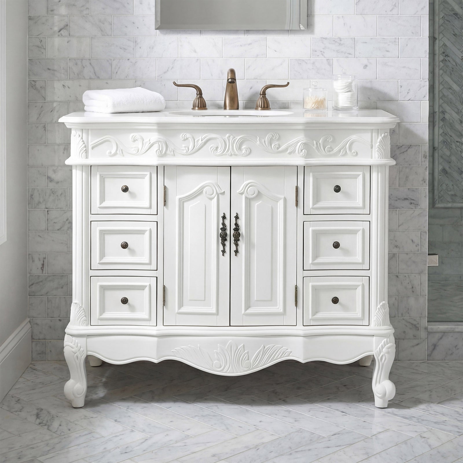42 Inch Single Bathroom Vanity In Antique White With Ivory White Marble Antique White Finish - KITCHEN & BATH by Joshua Marshal