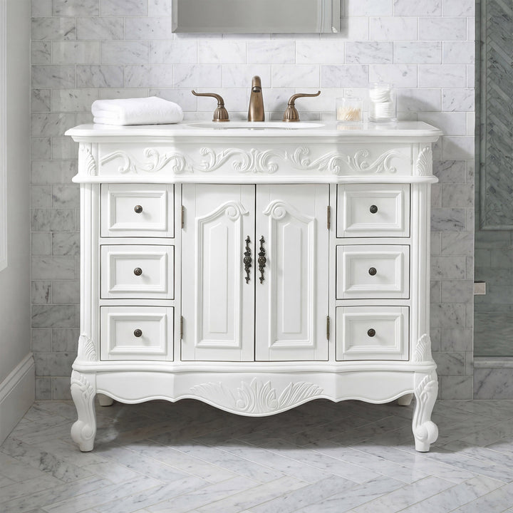 42 Inch Single Bathroom Vanity In Antique White With Ivory White Marble Antique White Finish - KITCHEN & BATH by Joshua Marshal