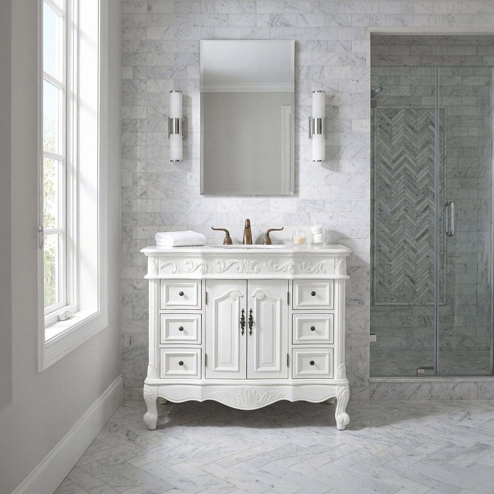 42 Inch Single Bathroom Vanity In Antique White With Ivory White Marble - View 2 - Joshua Marshal