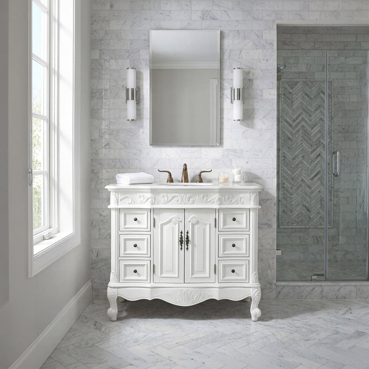 42 Inch Single Bathroom Vanity In Antique White With Ivory White Marble - View 2 - Joshua Marshal