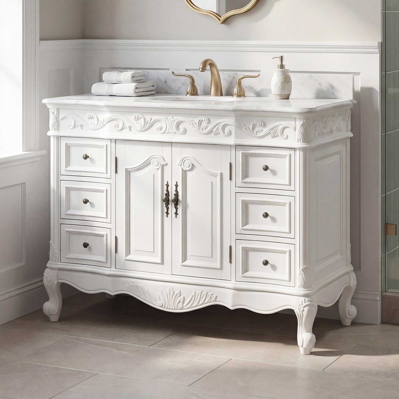 48 Inch Single Bathroom Vanity In Antique White With Ivory White Marble Antique White Finish - KITCHEN & BATH by Joshua Marshal