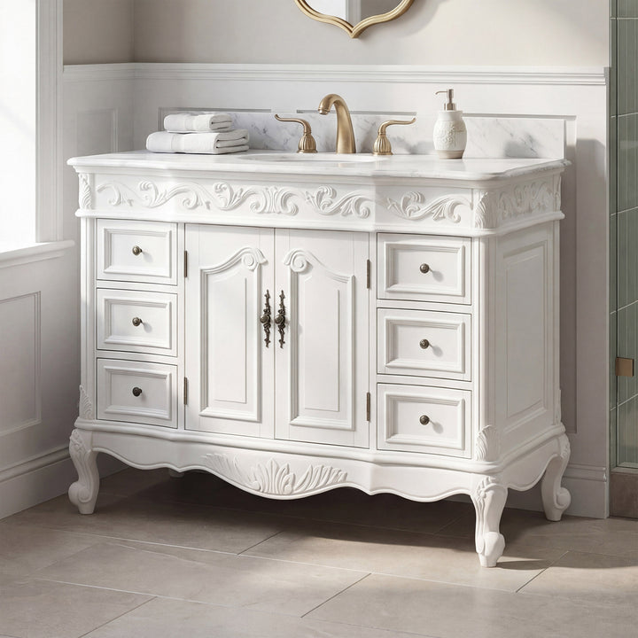 48 Inch Single Bathroom Vanity In Antique White With Ivory White Marble Antique White Finish - KITCHEN & BATH by Joshua Marshal