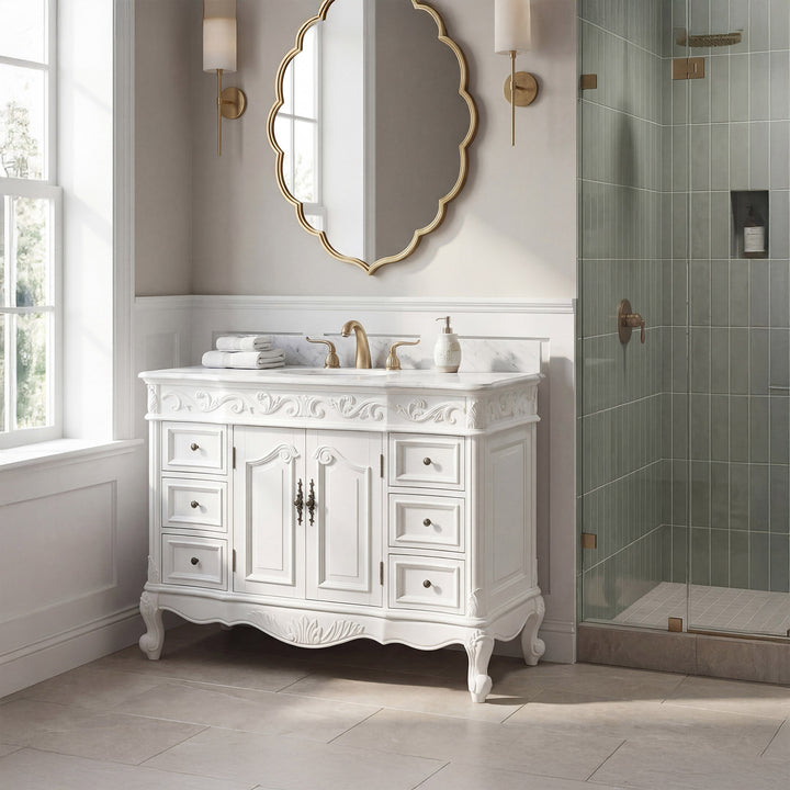 48 Inch Single Bathroom Vanity In Antique White With Ivory White Marble - View 2 - Joshua Marshal
