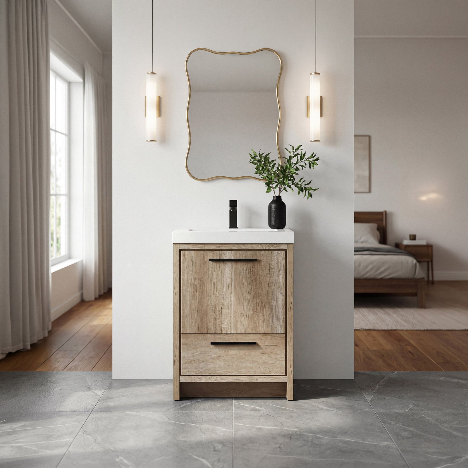 24 Inch Single Bathroom Vanity In Natural Oak - View 2 - Joshua Marshal