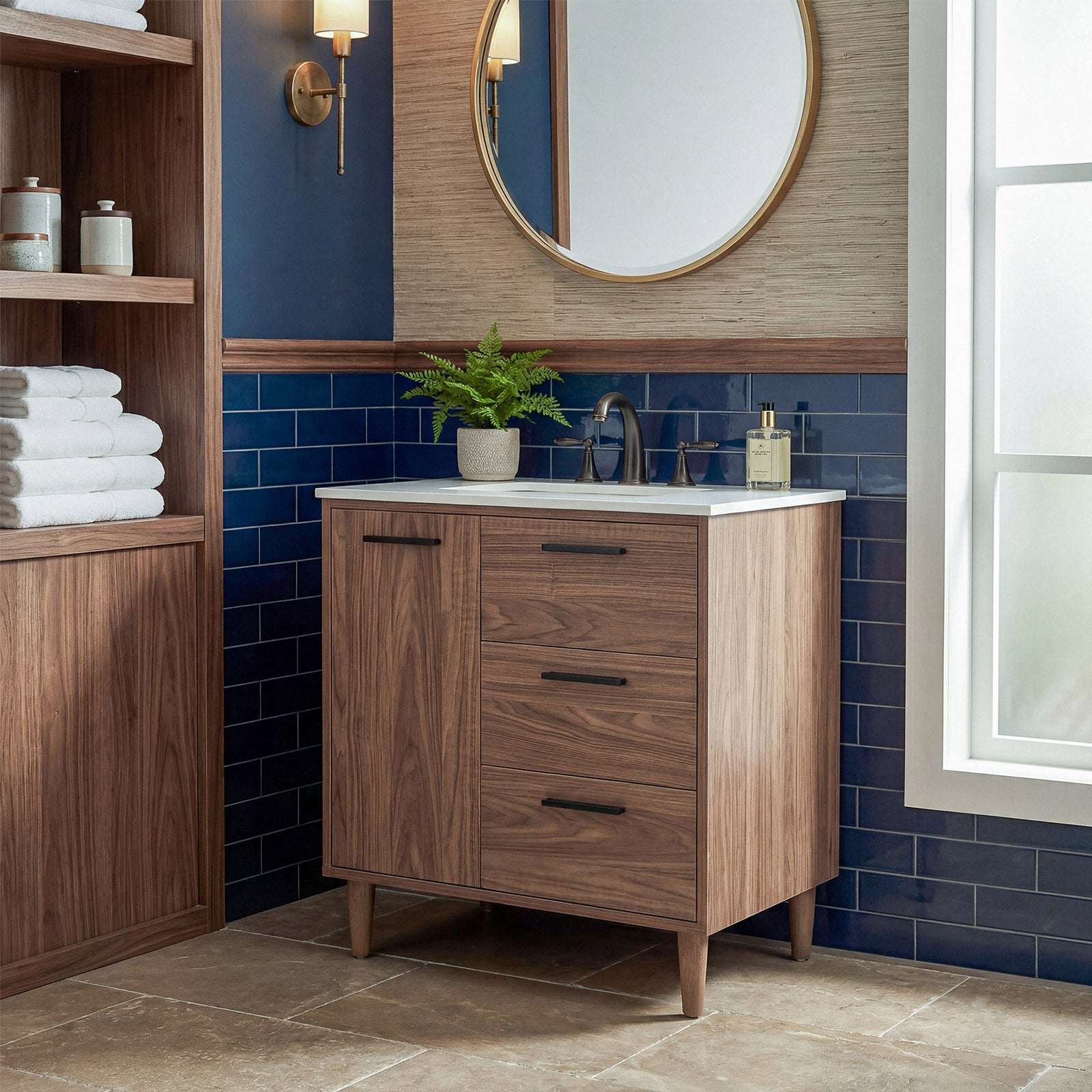 30 Inch Single Bathroom Vanity In Walnut Brown - View 2 - Joshua Marshal