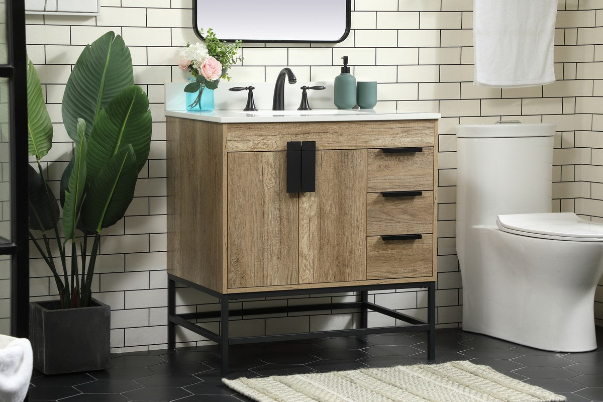 32 Inch Single Bathroom Vanity In Natural Oak With Backsplash - View 2 - Joshua Marshal