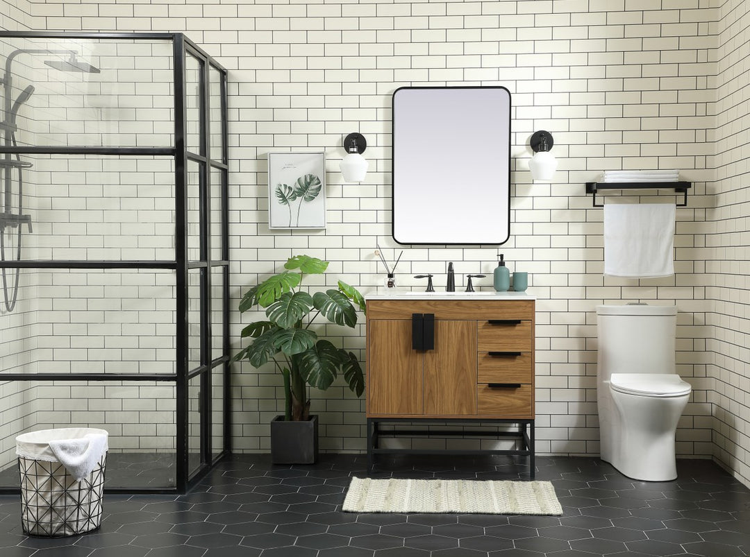 32 Inch Single Bathroom Vanity In Walnut Brown - View 2 - Joshua Marshal