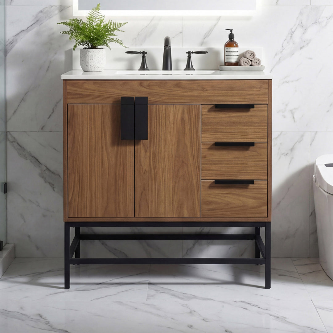 32 Inch Single Bathroom Vanity In Walnut Brown With Backsplash Walnut Brown Finish - KITCHEN & BATH by Joshua Marshal