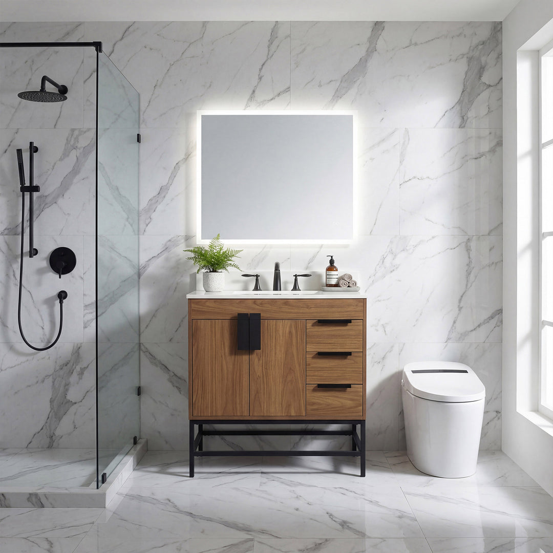 32 Inch Single Bathroom Vanity In Walnut Brown With Backsplash - View 2 - Joshua Marshal