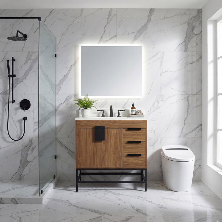 32 Inch Single Bathroom Vanity In Walnut Brown With Backsplash - View 2 - Joshua Marshal