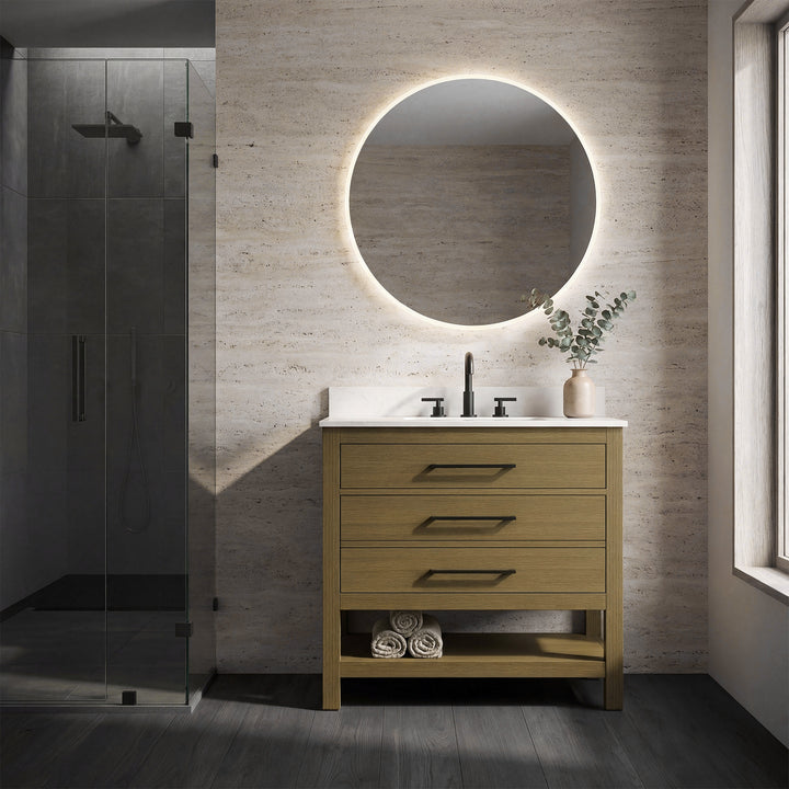 36 Inch Single Bathroom Vanity In Chestnut Brown With Backsplash - View 2 - Joshua Marshal