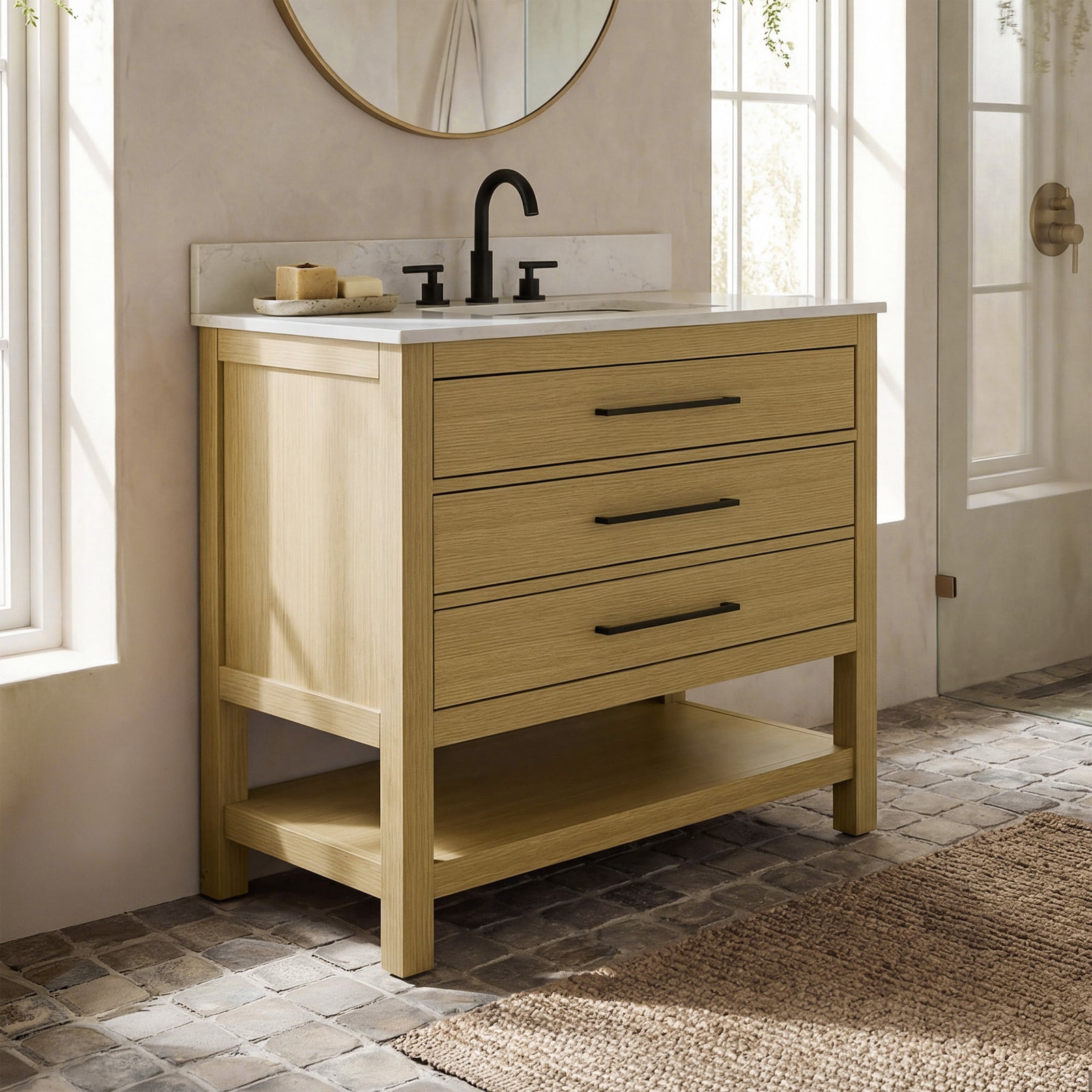 36 Inch Single Bathroom Vanity In Honey Brown With Backsplash Honey Brown Finish - KITCHEN & BATH by Joshua Marshal