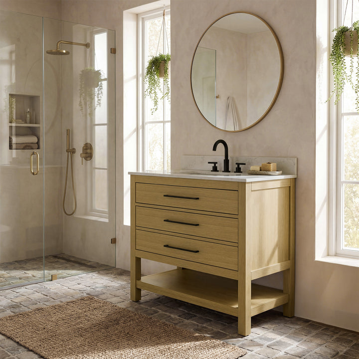 36 Inch Single Bathroom Vanity In Honey Brown With Backsplash - View 2 - Joshua Marshal