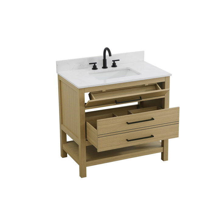 36 Inch Single Bathroom Vanity In Honey Brown With Backsplash - View 4 - Joshua Marshal