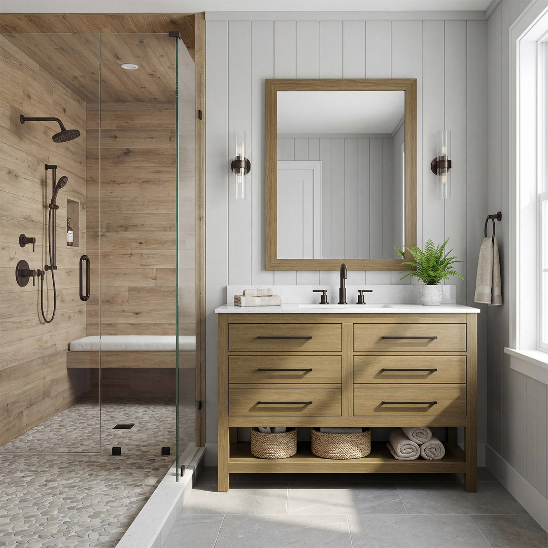 48 Inch Single Bathroom Vanity In Chestnut Brown With Backsplash - View 2 - Joshua Marshal