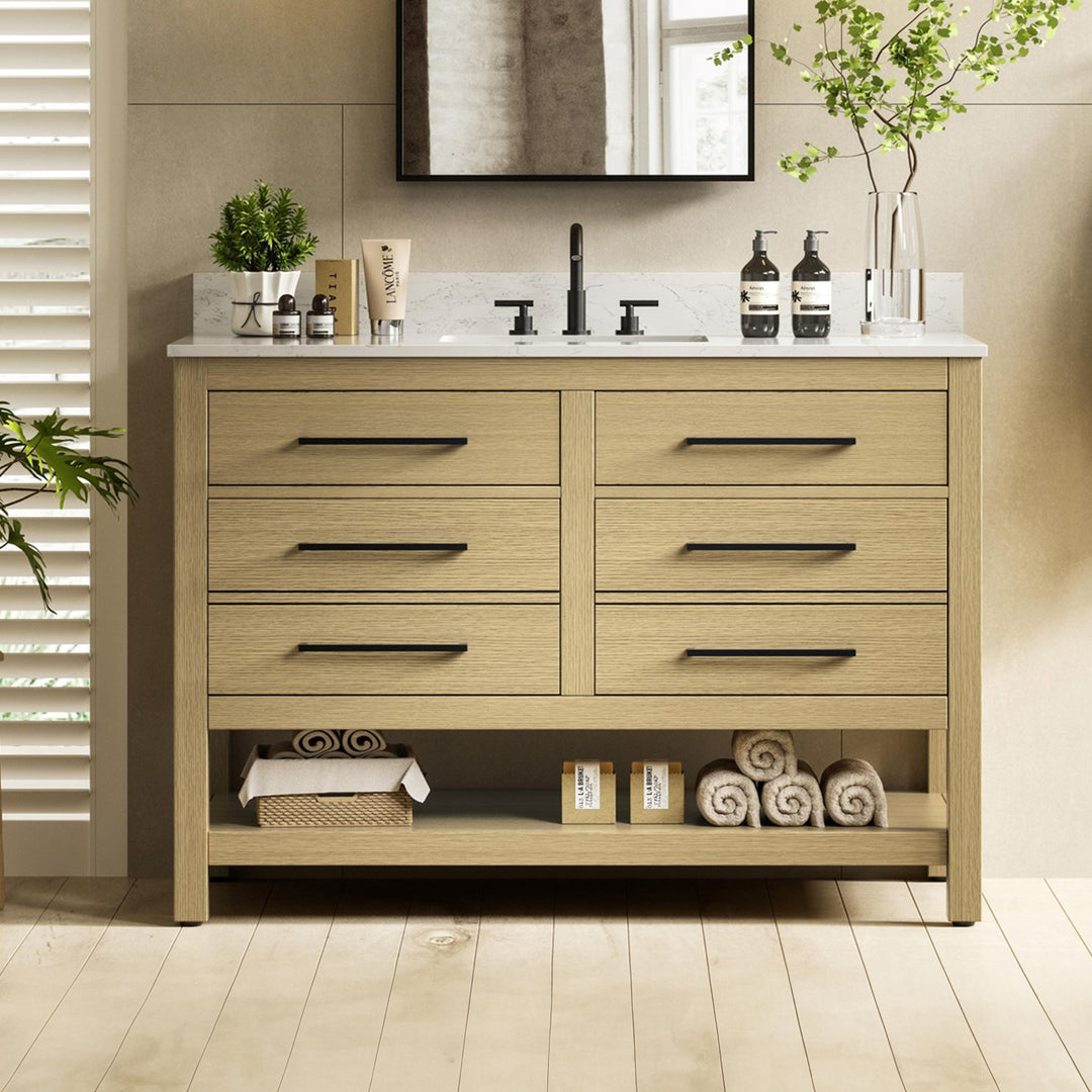48 Inch Single Bathroom Vanity In Honey Brown With Backsplash Honey Brown Finish - KITCHEN & BATH by Joshua Marshal
