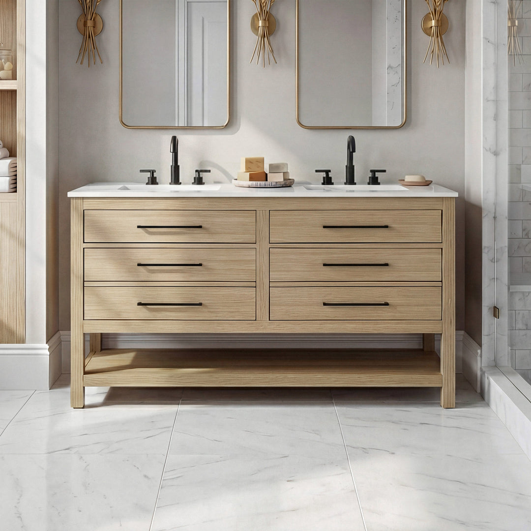 54 Inch Double Bathroom Vanity In Honey Brown Honey Brown Finish - KITCHEN & BATH by Joshua Marshal