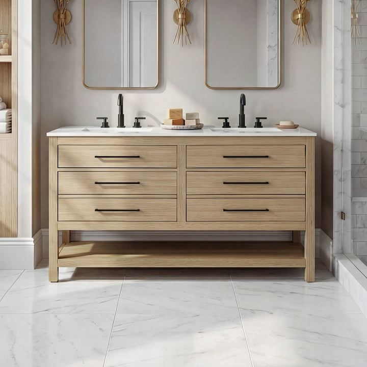 54 Inch Double Bathroom Vanity In Honey Brown Honey Brown Finish - KITCHEN & BATH by Joshua Marshal