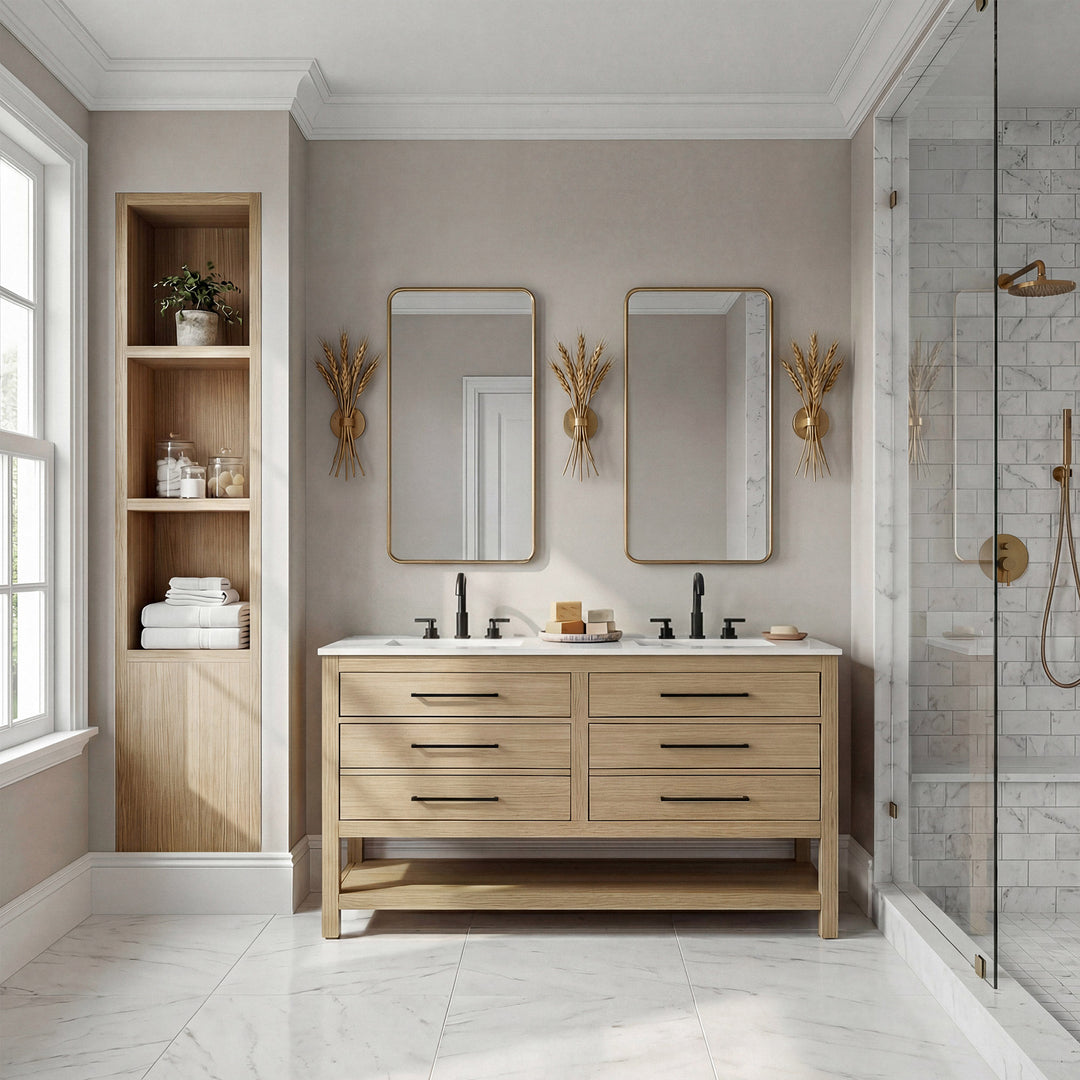 54 Inch Double Bathroom Vanity In Honey Brown - View 2 - Joshua Marshal