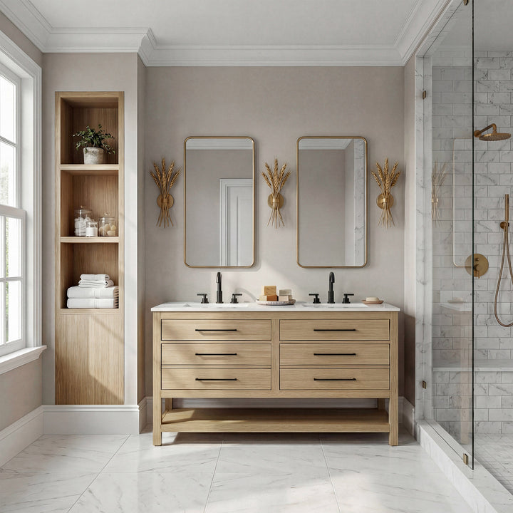 54 Inch Double Bathroom Vanity In Honey Brown - View 2 - Joshua Marshal