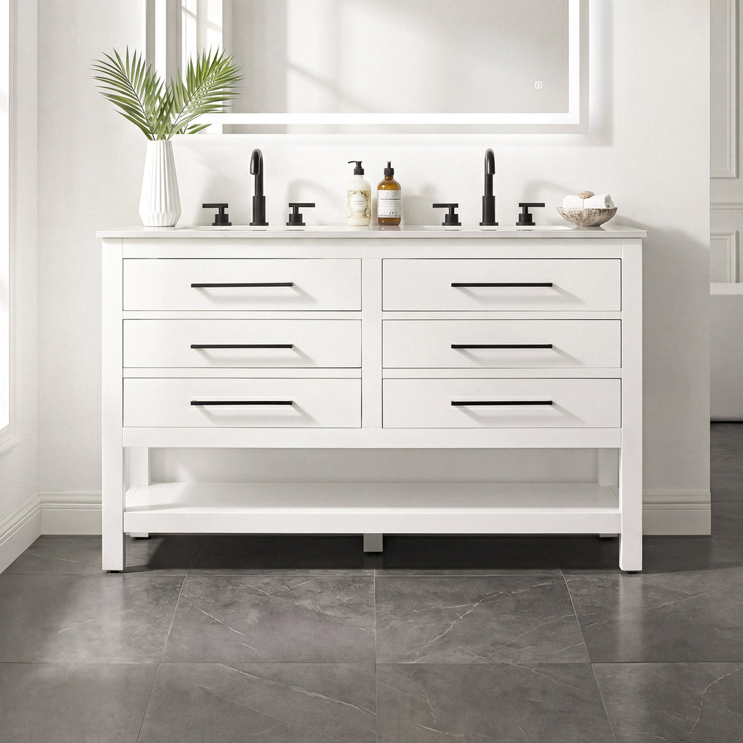 54 Inch Double Bathroom Vanity In White White Finish - KITCHEN & BATH by Joshua Marshal