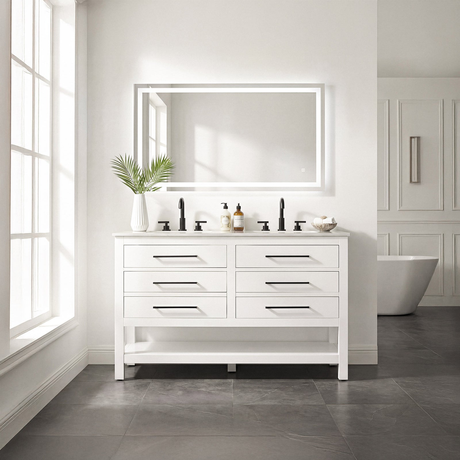 54 Inch Double Bathroom Vanity In White - View 2 - Joshua Marshal