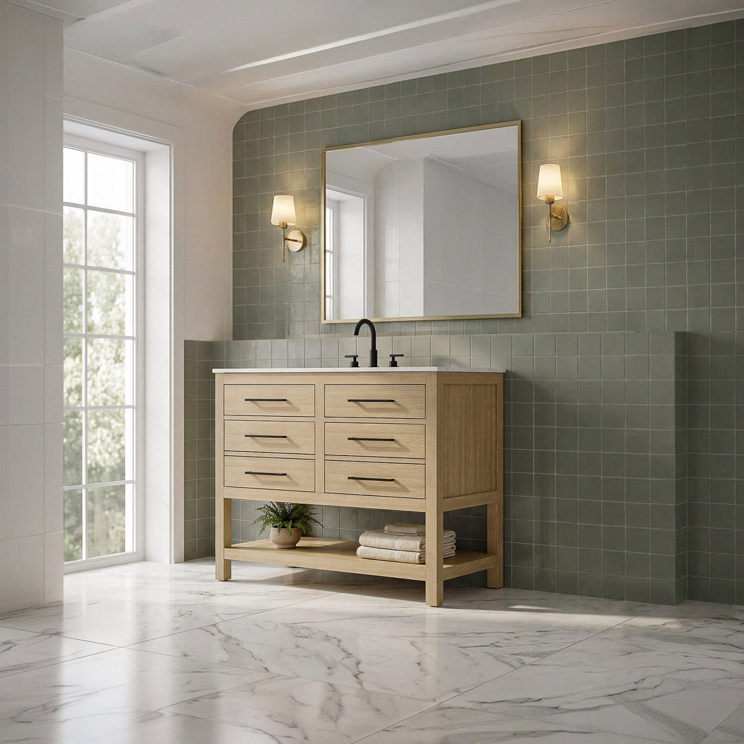 54 Inch Single Bathroom Vanity In Honey Brown - View 2 - Joshua Marshal