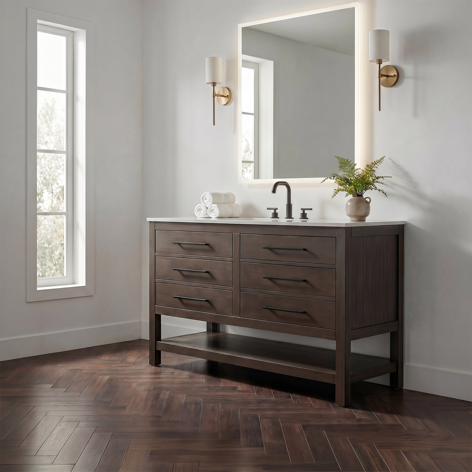 54 Inch Single Bathroom Vanity In Mocha Brown - View 2 - Joshua Marshal