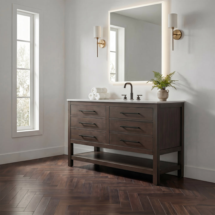 54 Inch Single Bathroom Vanity In Mocha Brown - View 2 - Joshua Marshal