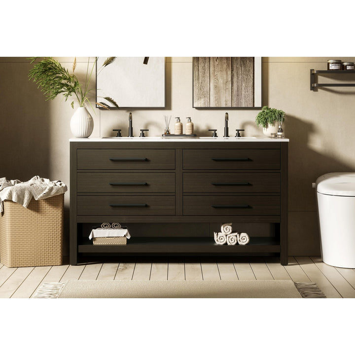 60 Inch Double Bathroom Vanity In Mocha Brown - View 2 - Joshua Marshal