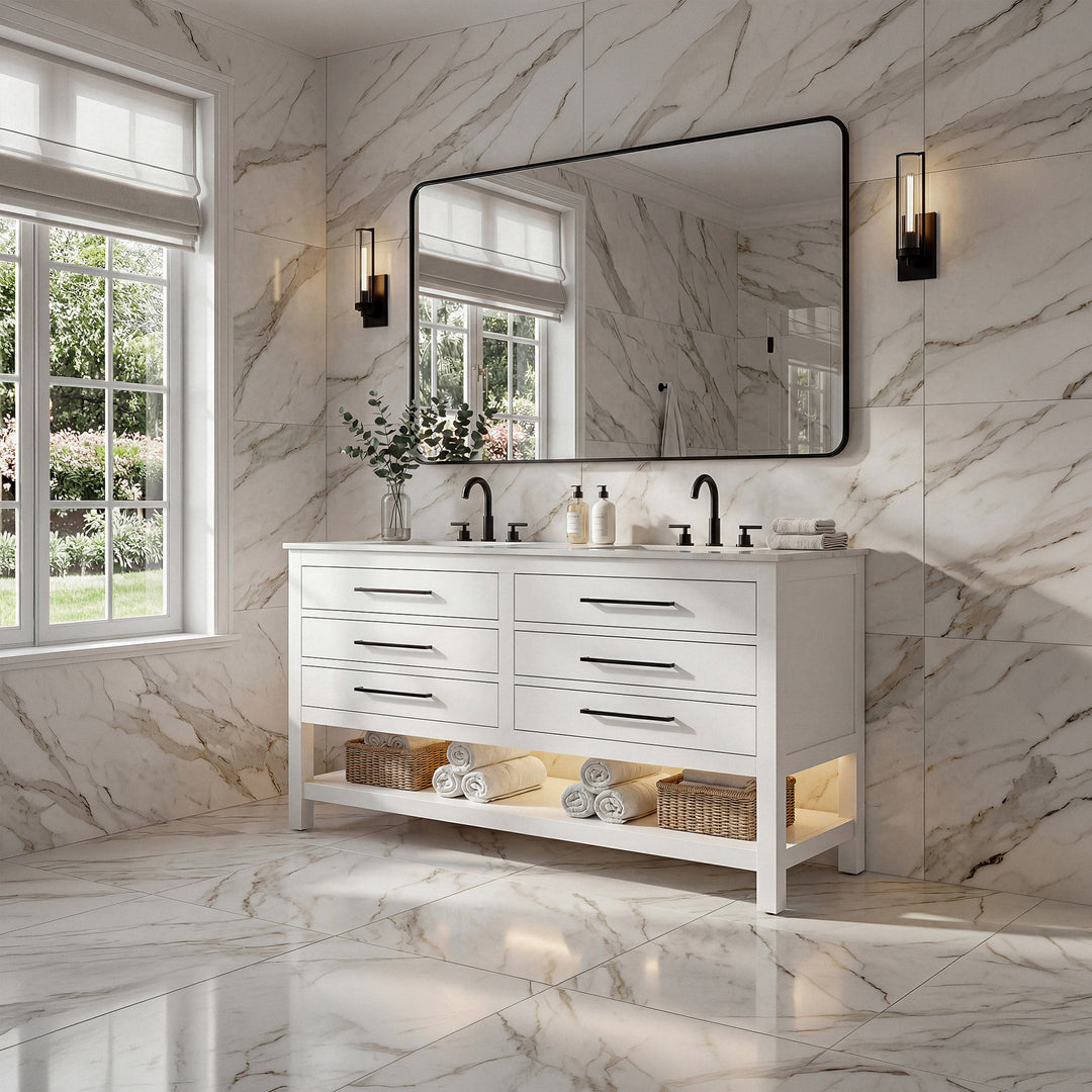 60 Inch Double Bathroom Vanity In White - View 2 - Joshua Marshal
