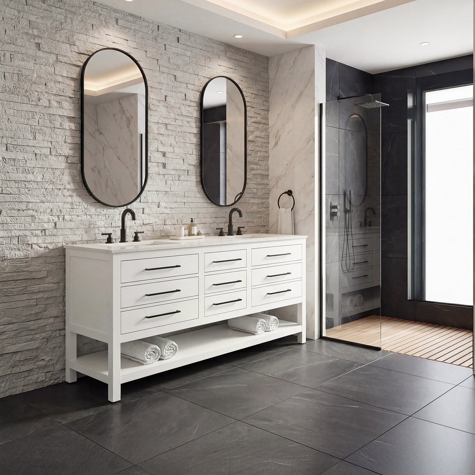 72 Inch Double Bathroom Vanity In White - View 2 - Joshua Marshal