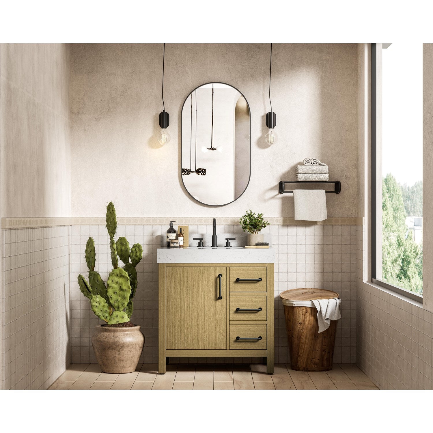 32 Inch Single Bathroom Vanity In Honey Brown With Backsplash - View 2 - Joshua Marshal