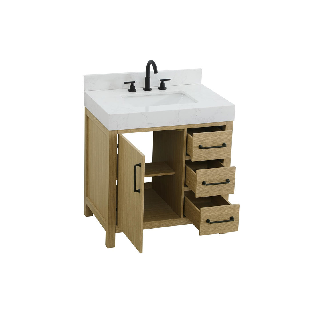 32 Inch Single Bathroom Vanity In Honey Brown With Backsplash - View 4 - Joshua Marshal